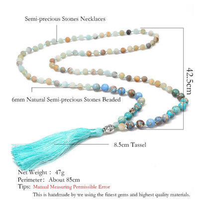 Frosted Amazonite & Emperor Stone 108 Mala Beads Knotted Necklace Men Women Yoga Blessing Jewelry with Buddha Head and Tassels