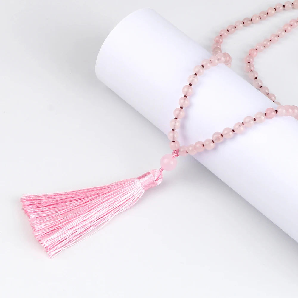 Pink Quartz 108 Beads Necklace Fashion Women 6mm Natural Stone Crystal Tassel Long Necklaces Meditation Yoga Spirit Mala Jewelry