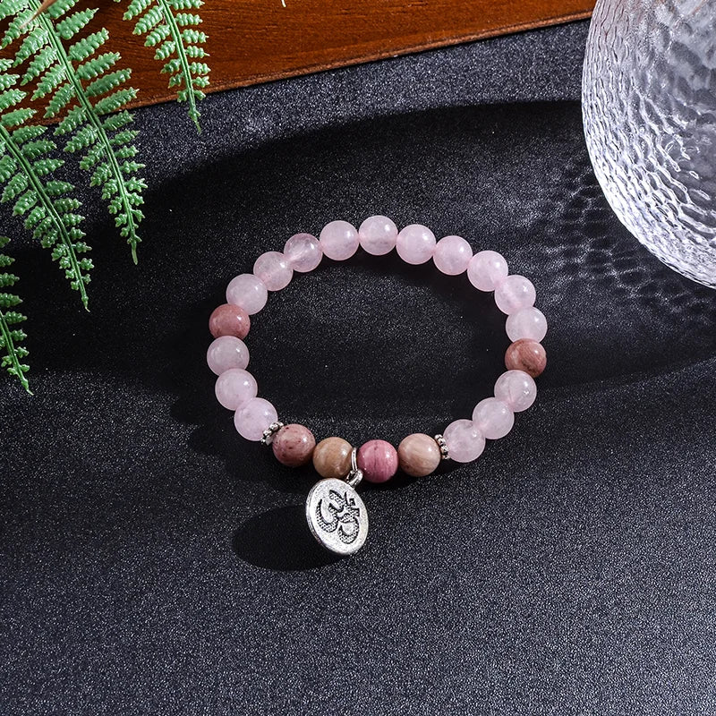 8mm Natural Rhodolite Rose Quartz Beaded Necklace Set Meditation Yoga Spirit Jewelry 108 Japa Mala Rosary with OM Pendant