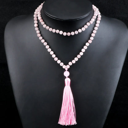 Pink Quartz 108 Beads Necklace Fashion Women 6mm Natural Stone Crystal Tassel Long Necklaces Meditation Yoga Spirit Mala Jewelry