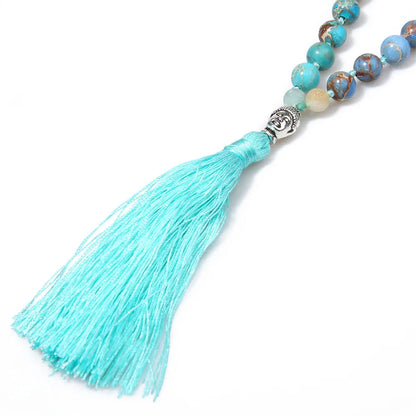 Frosted Amazonite & Emperor Stone 108 Mala Beads Knotted Necklace Men Women Yoga Blessing Jewelry with Buddha Head and Tassels