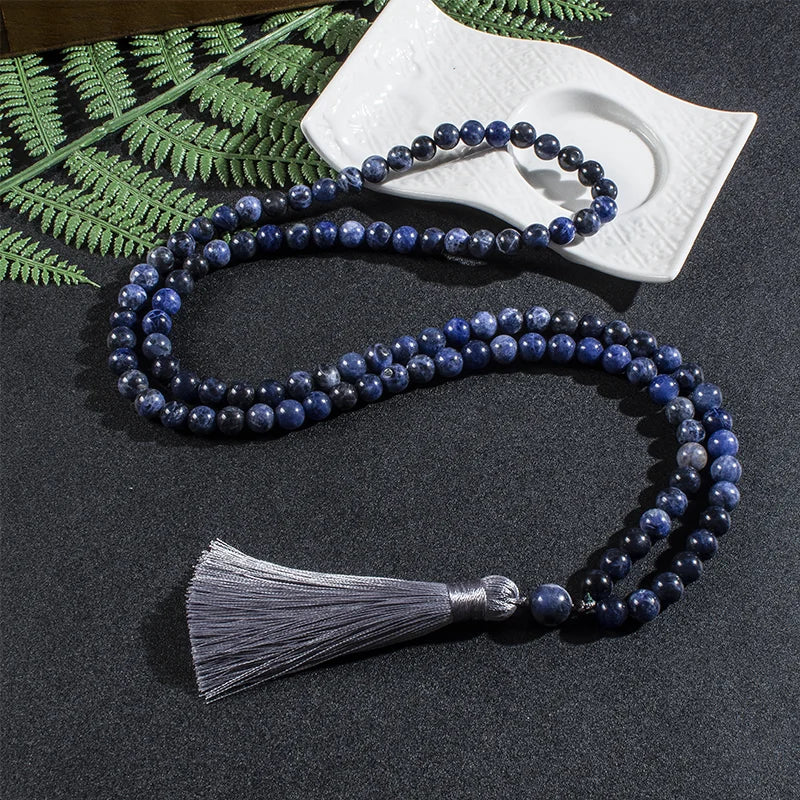 8mm Natural Sodalite Japamala Necklace Meditation Yoga Spirit Jewelry Set 108 Mala Beaded Women's Fashion Rosary Tassel Pendant