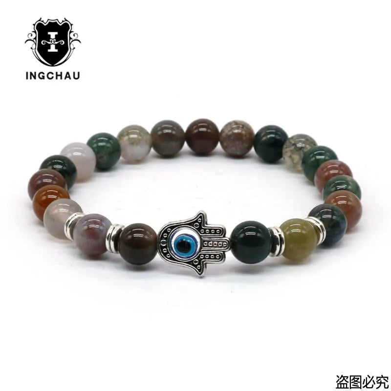 Gold-Color Hand of Fatima Hamsa Hand Bracelet of Mala Black Lava Stone Evil Eye Amulet Bracelets For Men Women HT-5