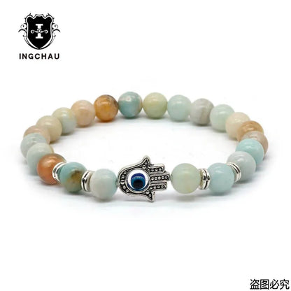 Gold-Color Hand of Fatima Hamsa Hand Bracelet of Mala Black Lava Stone Evil Eye Amulet Bracelets For Men Women HT-5