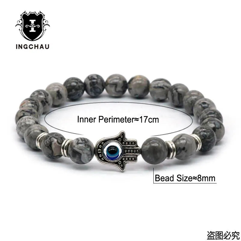 Gold-Color Hand of Fatima Hamsa Hand Bracelet of Mala Black Lava Stone Evil Eye Amulet Bracelets For Men Women HT-5