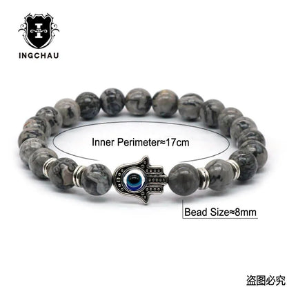 Gold-Color Hand of Fatima Hamsa Hand Bracelet of Mala Black Lava Stone Evil Eye Amulet Bracelets For Men Women HT-5