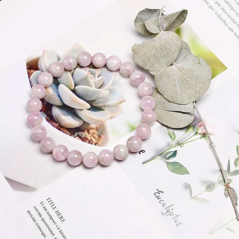 Natural Kunzite Stone Beads Bangle Elastic Women Stretch Bracelet Lavender Color Stone Healing Gems For Girl Gifts Jewelry