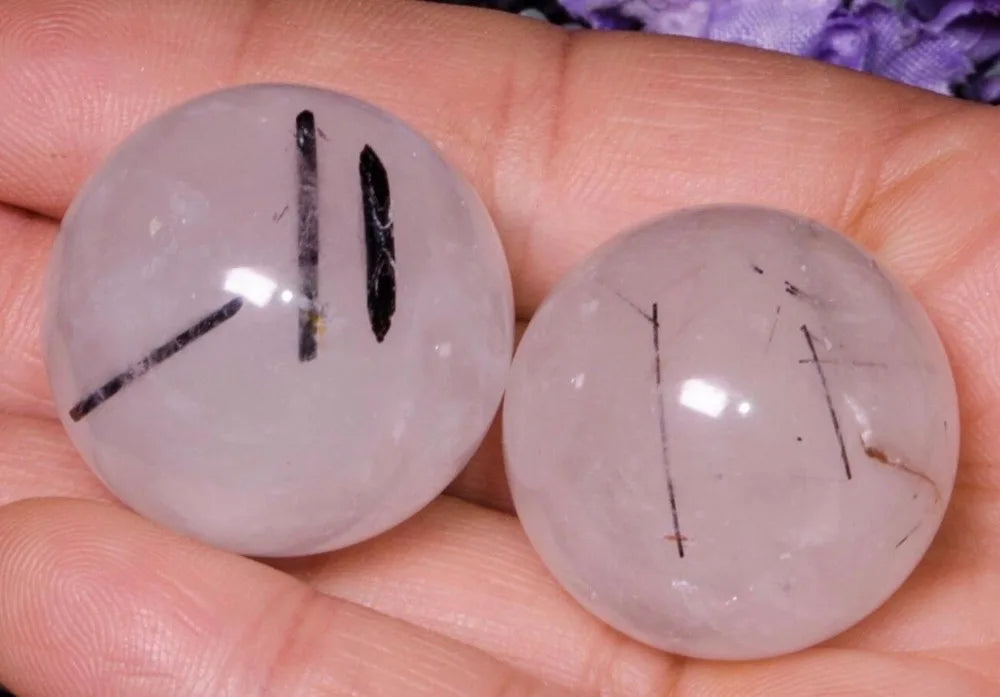 2Pcs 44g Crystal Quartz Spheres,Ball,Undrilled-Black Tourmaline