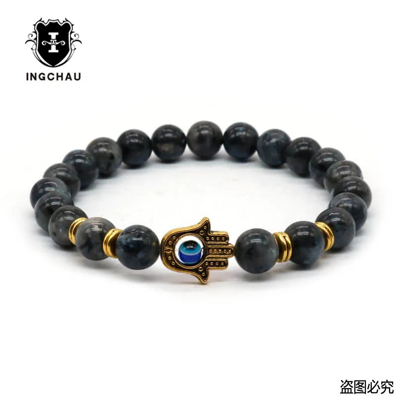 Gold-Color Hand of Fatima Hamsa Hand Bracelet of Mala Black Lava Stone Evil Eye Amulet Bracelets For Men Women HT-5