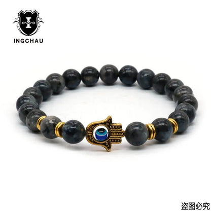 Gold-Color Hand of Fatima Hamsa Hand Bracelet of Mala Black Lava Stone Evil Eye Amulet Bracelets For Men Women HT-5