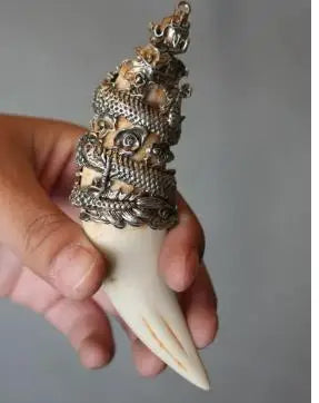Chinese Antique Boars Tooth Wild Hog Silver Dragon Protective Talisman Pendant