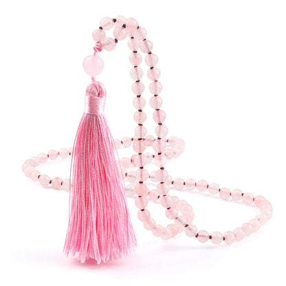 Pink Quartz 108 Beads Necklace Fashion Women 6mm Natural Stone Crystal Tassel Long Necklaces Meditation Yoga Spirit Mala Jewelry