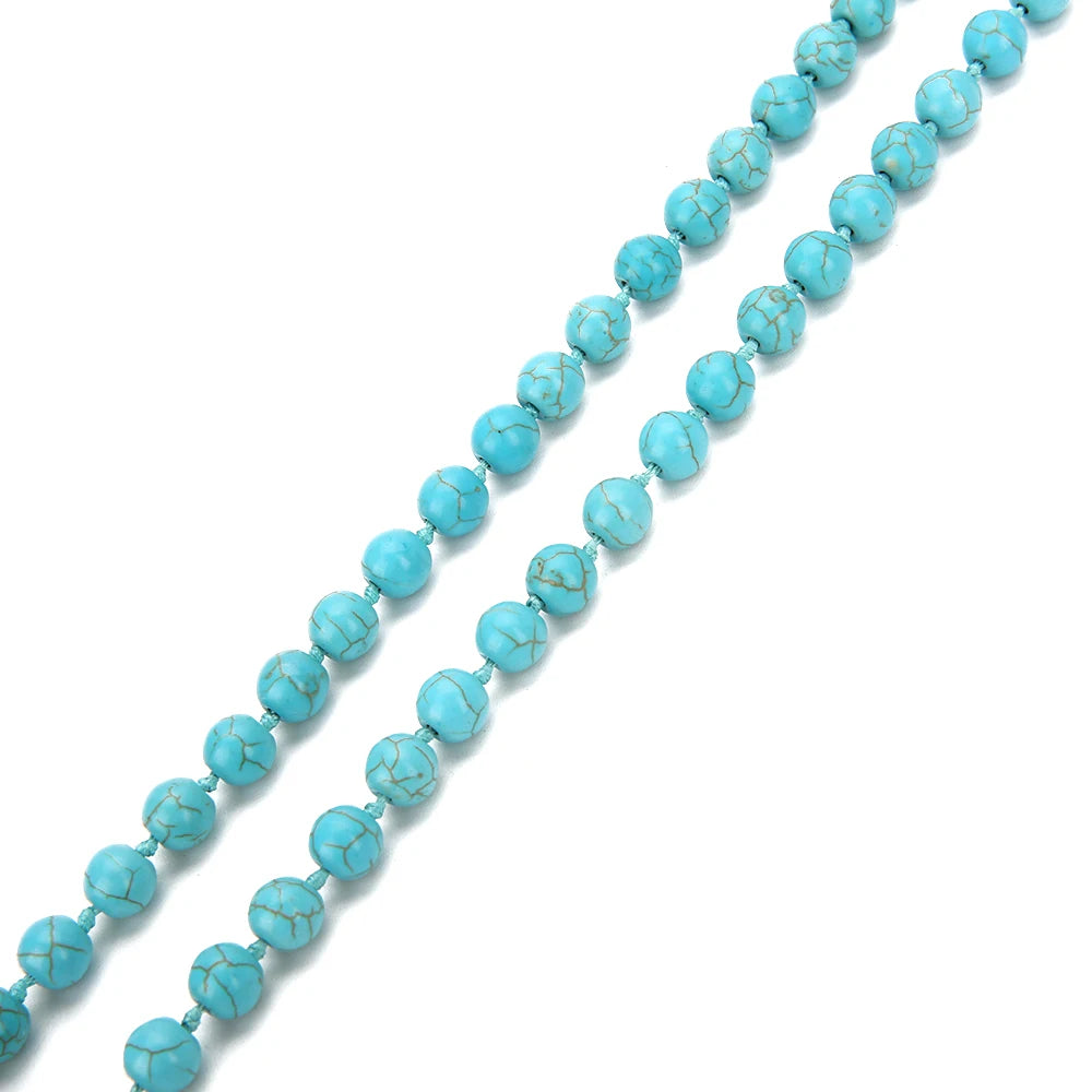 6/8mm Blue Turquoise Beads Knotted 108 Japa Mala Necklace Meditation Yoga Praying Tibetan Tassel Buddha Head Rosary Jewelry