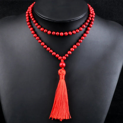 108 Mala Prayer Necklace 6mm Lucky Red Natural Stone Beaded Tassel Ethnic Necklace Women Men Meditation Yoga Spirit Jewelry Gift