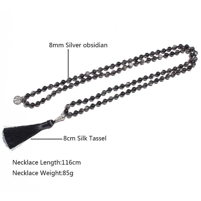 8mm Natural Obsidian Beaded Knotted Mala Necklace 108 Japamala Meditation Yoga Rosary Jewelry with Tree of Life Pendant