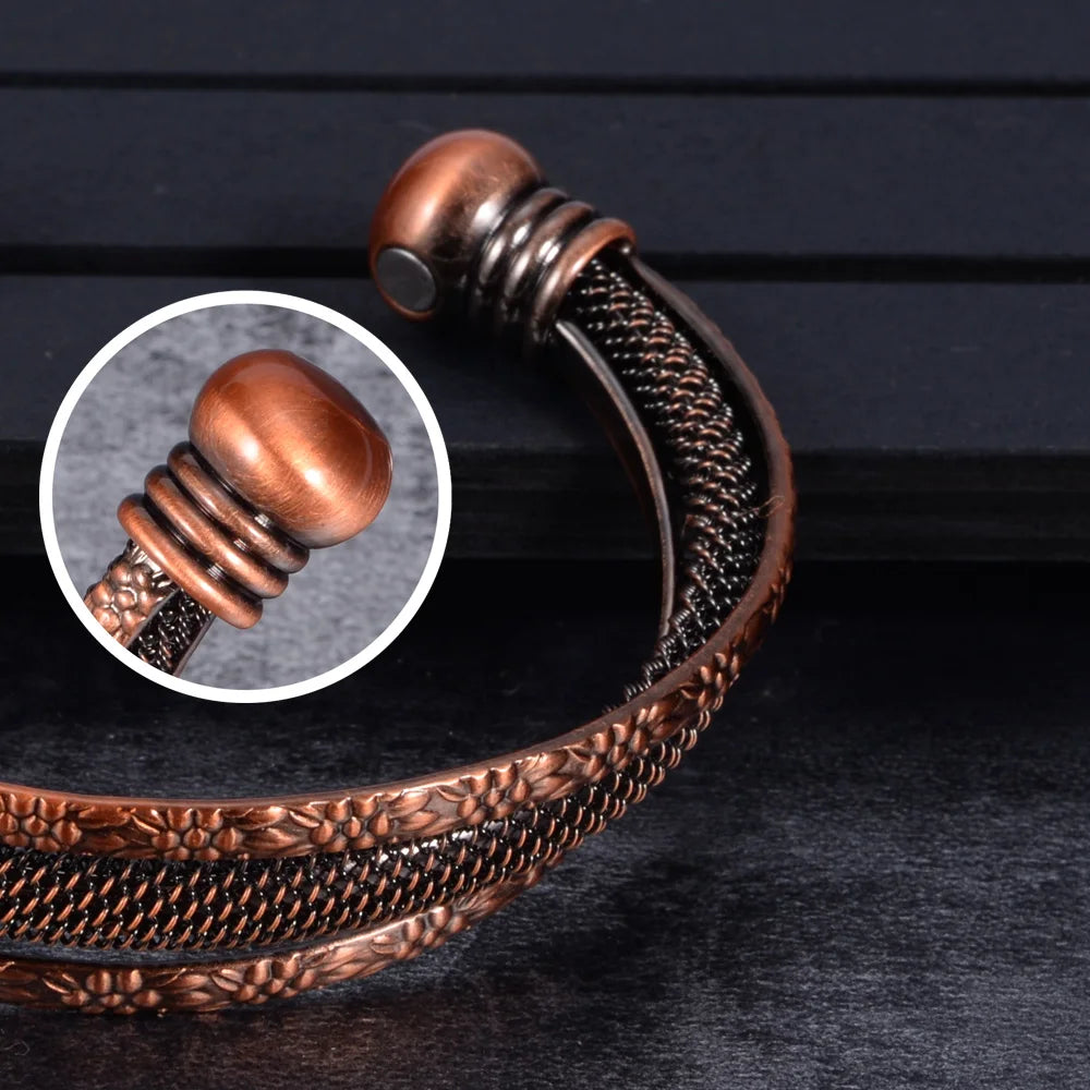 Twisted Pure Copper Bracelet Magnetic Vintage Flowers Health Energy Bangles Benefits Adjustable Open Cuff Jewelry for Men Women