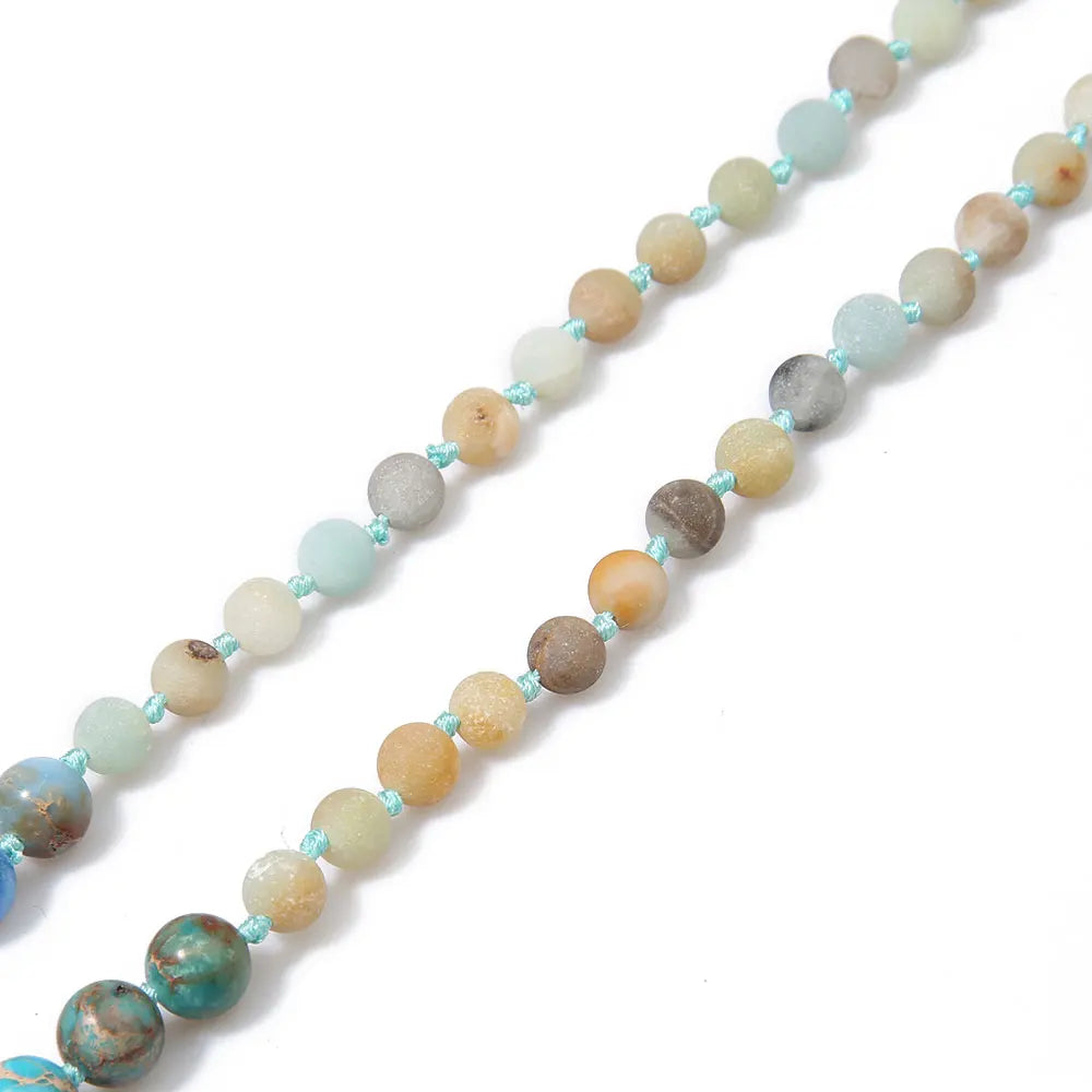 Frosted Amazonite & Emperor Stone 108 Mala Beads Knotted Necklace Men Women Yoga Blessing Jewelry with Buddha Head and Tassels