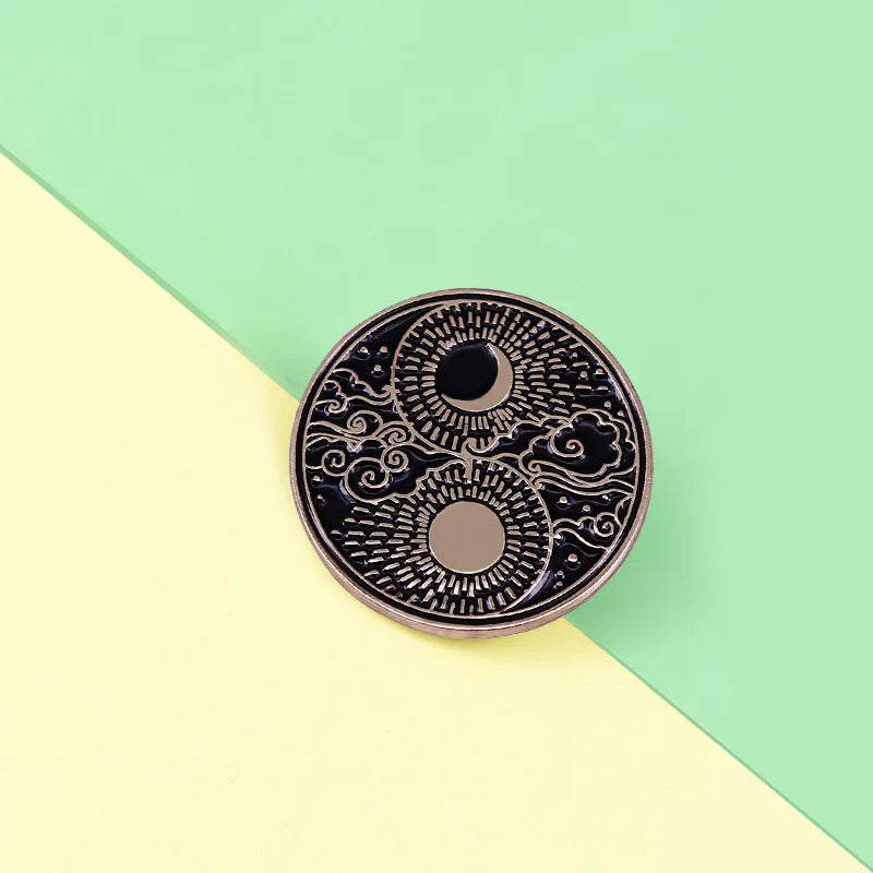 Sun Moon Cloud Stars Yinyang Badge Moon Shaped Enamel Pin Day and Night Round Brooch Accessory