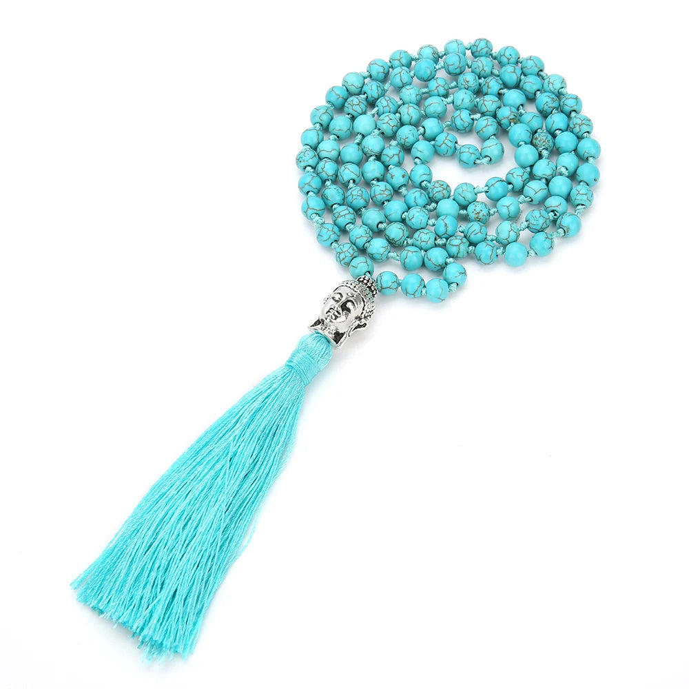 6/8mm Blue Turquoise Beads Knotted 108 Japa Mala Necklace Meditation Yoga Praying Tibetan Tassel Buddha Head Rosary Jewelry