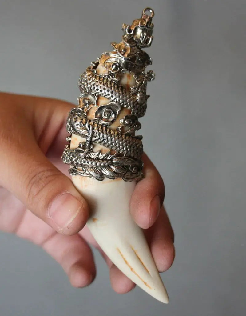 Chinese Antique Boars Tooth Wild Hog Silver Dragon Protective Talisman Pendant
