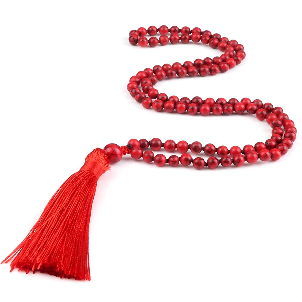 108 Mala Prayer Necklace 6mm Lucky Red Natural Stone Beaded Tassel Ethnic Necklace Women Men Meditation Yoga Spirit Jewelry Gift