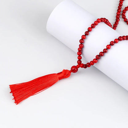 108 Mala Prayer Necklace 6mm Lucky Red Natural Stone Beaded Tassel Ethnic Necklace Women Men Meditation Yoga Spirit Jewelry Gift