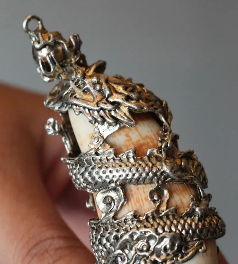 Chinese Antique Boars Tooth Wild Hog Silver Dragon Protective Talisman Pendant