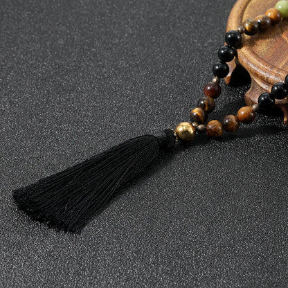 108 Mala Beaded Necklace 8MM Southernjade & Black Onyx Japamala Blessing Meditation Buddha Head Tassel Yoga Jewelry