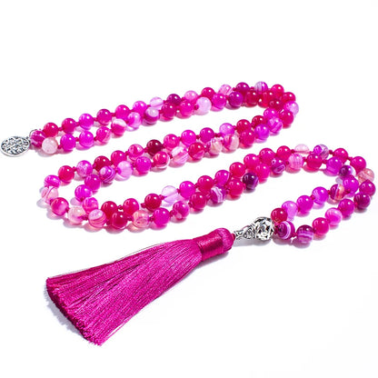 8mm Rose Red Striped Agate Mala Necklace 108 Japamala Beaded Knotted Meditation Yoga Spiritual Life Tree Woman Jewelry Sets