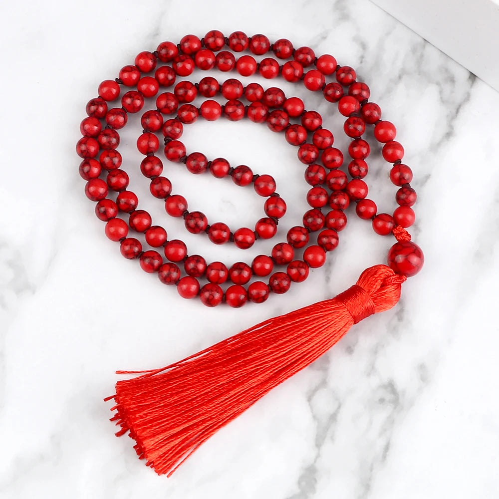 108 Mala Prayer Necklace 6mm Lucky Red Natural Stone Beaded Tassel Ethnic Necklace Women Men Meditation Yoga Spirit Jewelry Gift