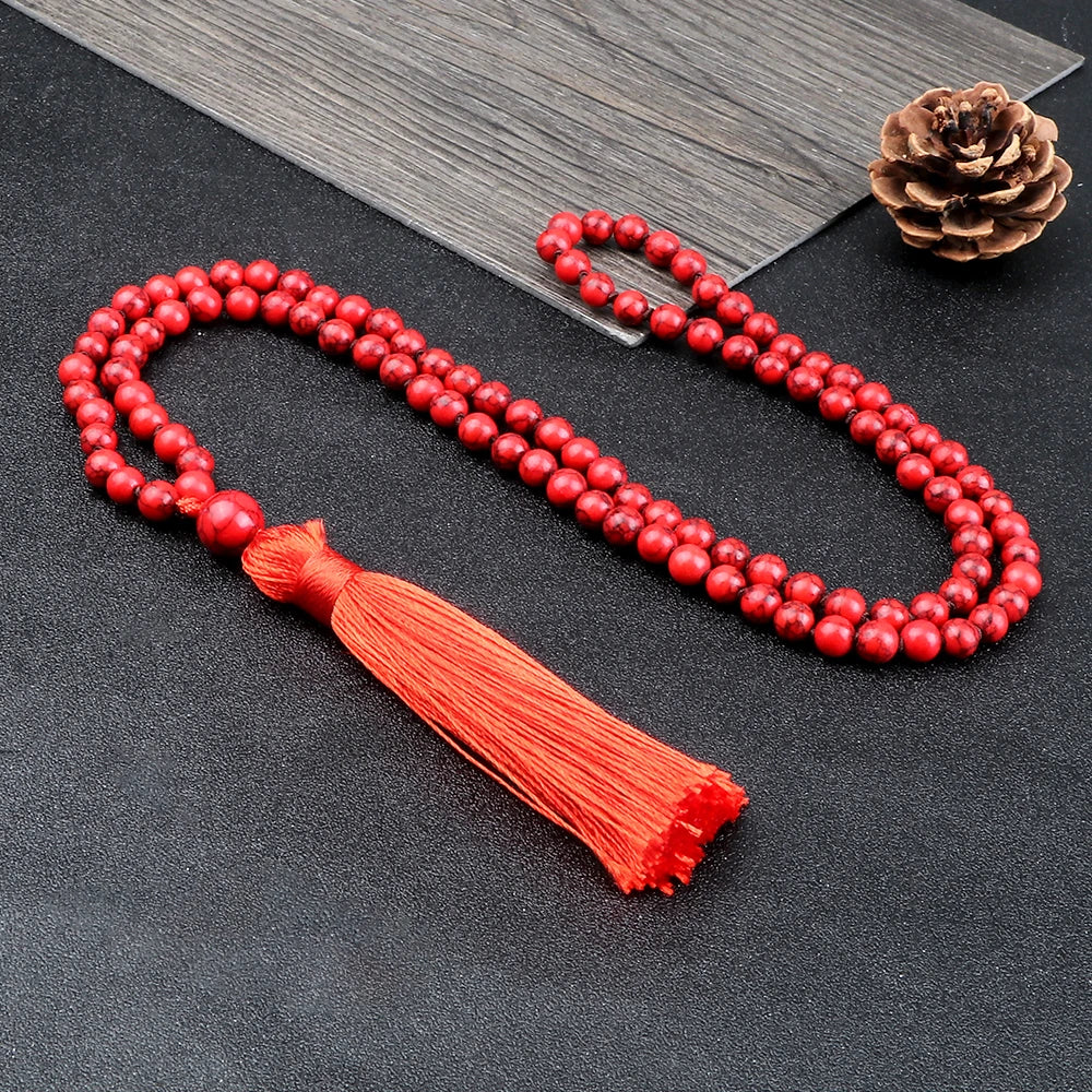 108 Mala Prayer Necklace 6mm Lucky Red Natural Stone Beaded Tassel Ethnic Necklace Women Men Meditation Yoga Spirit Jewelry Gift