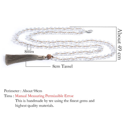 8mm White Crystal Beaded 108 Mala Handmade Knotted Long Necklace Women Fashion Charm Jewelry Rudraksha Khaki Tassel OM Pendant