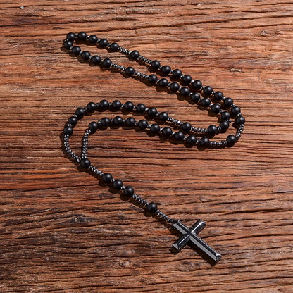 Matte Black Onyx Beaded Catholic Christian Rosary Necklace Cross Pendant Men and Women Meditation Mala Jewelry