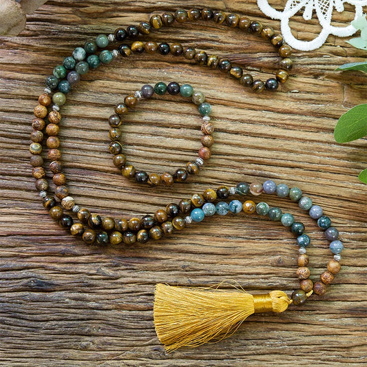 8mm Natural Yellow Tiger Eyes Indian Agate Tree Pattern Onyx 108 Japa Mala Beaded Necklace Meditation Yoga Tibetan Jewelry Sets