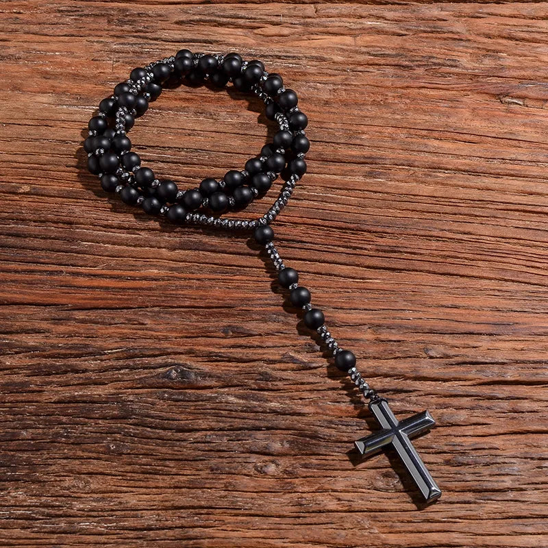 Matte Black Onyx Beaded Catholic Christian Rosary Necklace Cross Pendant Men and Women Meditation Mala Jewelry