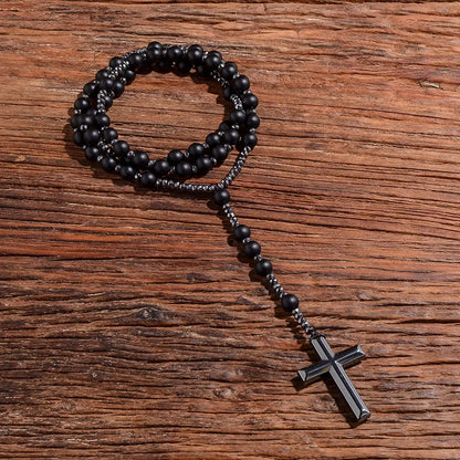 Matte Black Onyx Beaded Catholic Christian Rosary Necklace Cross Pendant Men and Women Meditation Mala Jewelry