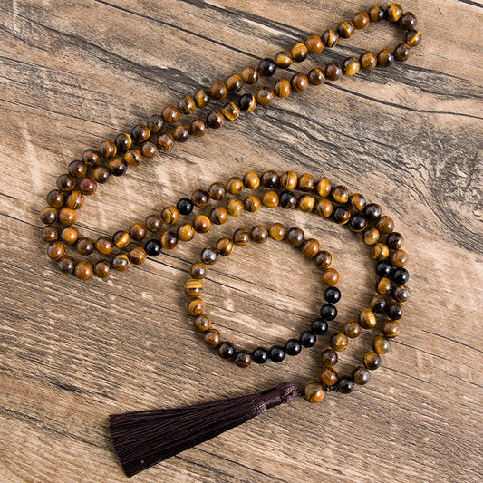 8mm Natural Yellow Tiger Eyes Black Onyx Necklace Meditation Yoga Jewelry 108 Japa Mala Beaded Bracelet Men's and Women's Sets