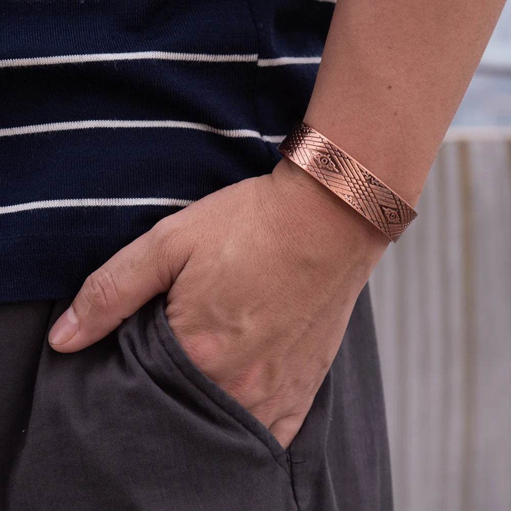 Vinterly Magnetic Pure Copper Bracelet Men Benefits Energy Adjustable Open Cuff Bangles Male Vintage 15mm Wide Jewelry Resizable