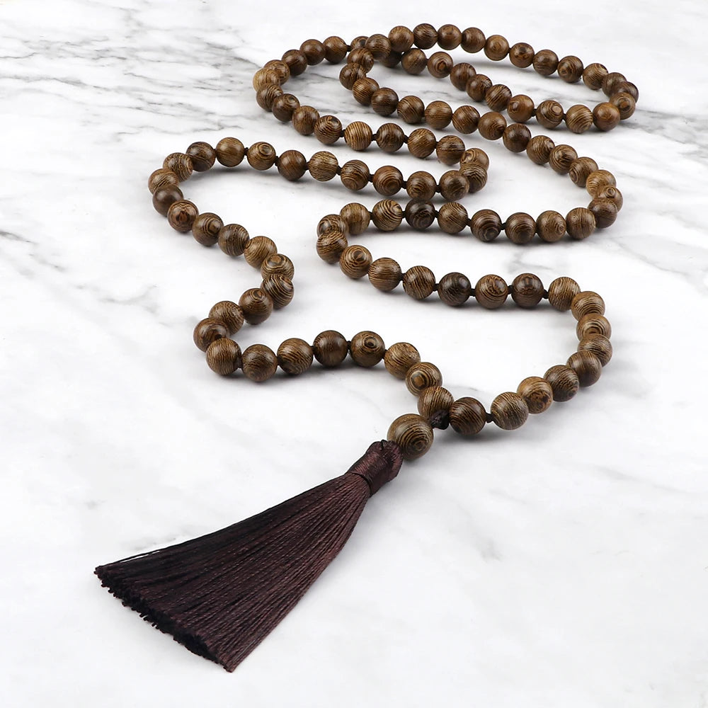 6 8 10mm Original Wooden Beaded Necklace 108 Mala Rosary Yoga Necklaces for Women Men Vintage Meditation Blessing Tassel Jewelry