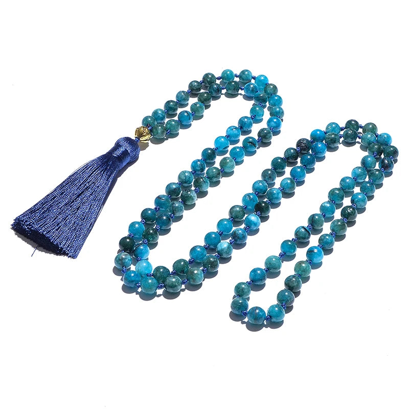 8mm Apatite Beaded Knotted 108 Mala Necklace Bracelet Set Meditation Yoga Prayer Jewelry Japamala Rosary for Men and Women