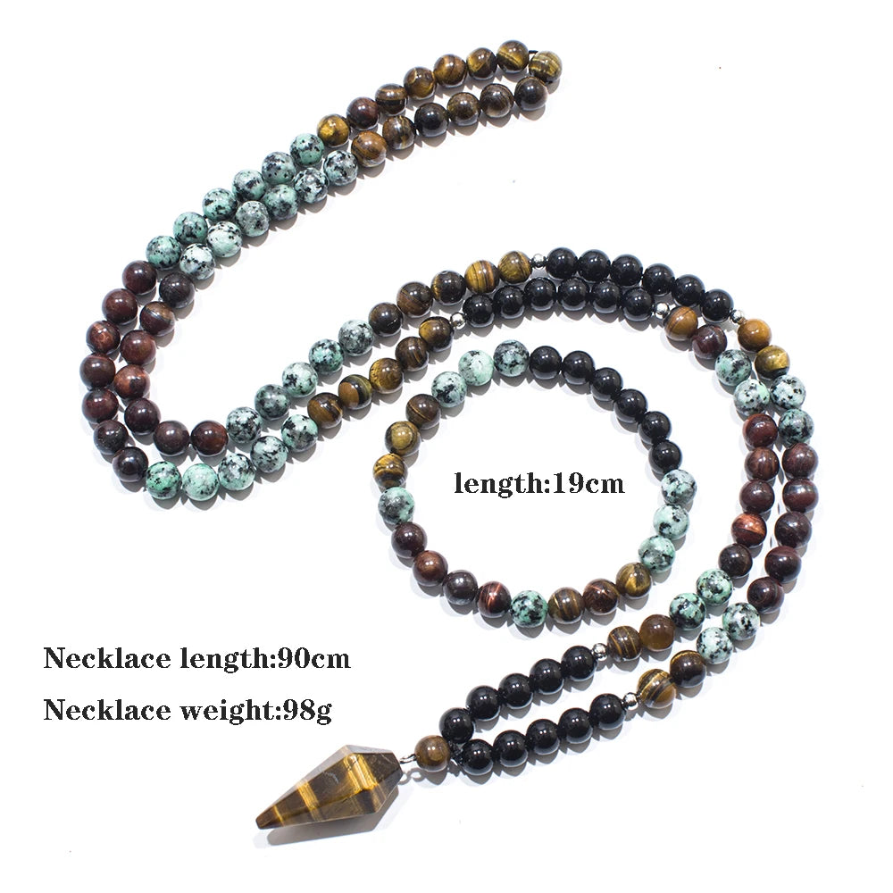 8mm Black Onyx African Turquoise Beads 108 Mala Necklace Meditation Yoga Prayer Japamala Set with Tiger Eye Pendant Jewelry