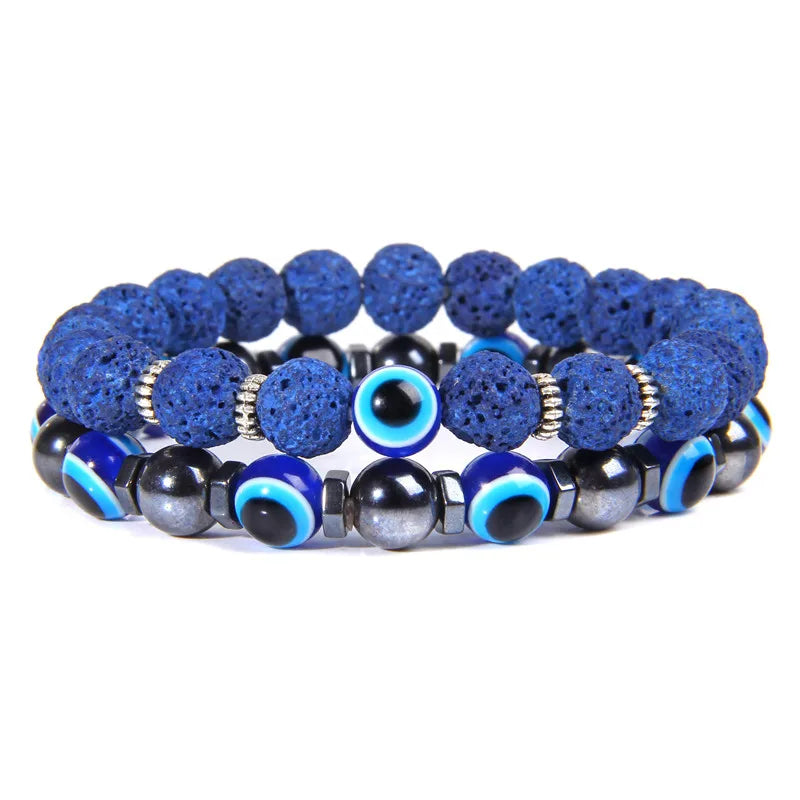 Lucky Evil Eye Beads Bracelet Natural Stone Lava Hematite Bracelet Set Multilayer Bracelets Women Men Handmade Elastic Jewelry