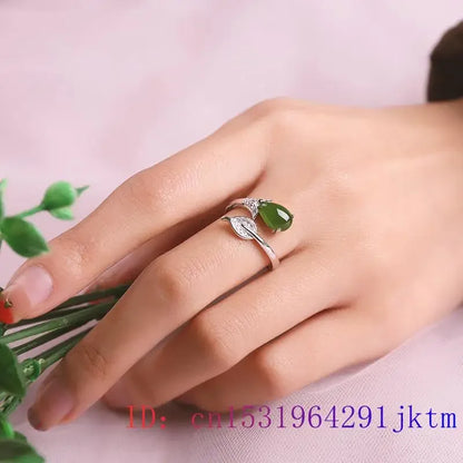 Green Jade Flower Rings Natural Jewelry Talismans Women Accessories Adjustable Ring Charms 925 Silver Gifts Luxury Amulets Real