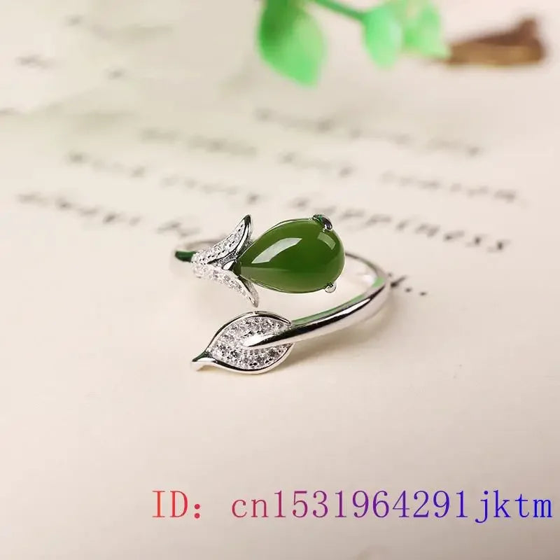 Green Jade Flower Rings Natural Jewelry Talismans Women Accessories Adjustable Ring Charms 925 Silver Gifts Luxury Amulets Real
