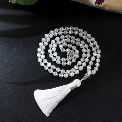 8mm Chatoyant Cat's Eye Stone Cyclophane Beads Knotted 108 Mala Necklace Meditation Yoga Prayer Jewelry for Women