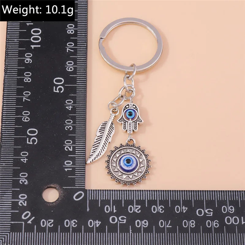1Pc Bohemia Evil Eye Hamsa Hand Keychain for Women Men Blue Eye Sun Feather Key Ring Bag Pendant Car Key Holder Rings Wholesale