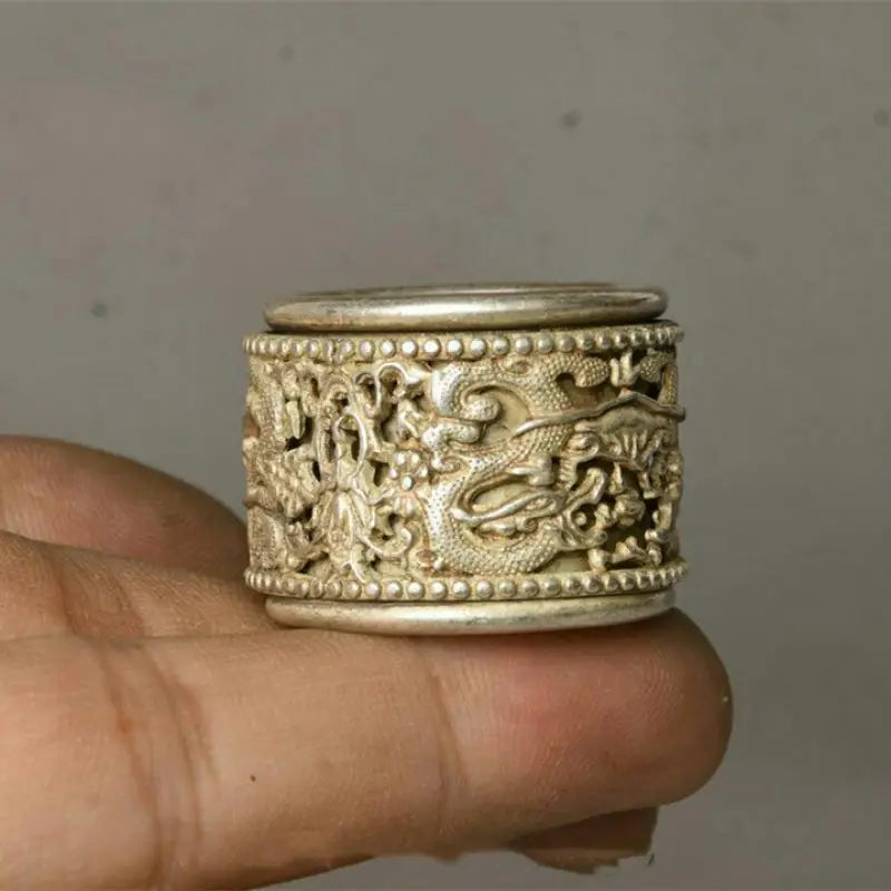 3Cm Chinese Old Miao Silver Handmade Dynasty Dragon Woman Finger Ring Statue