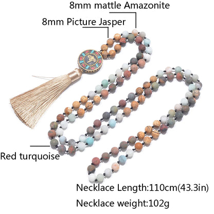 8mm Natural Stone Beads Knotted 108 Mala Necklace Meditation Yoga Prayer Rosary with Six Character Pendant Jewellery