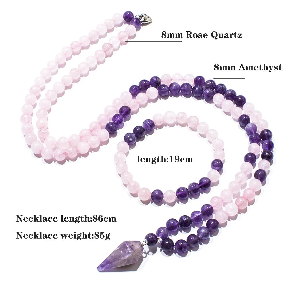 8mm Amethyst Rose Quartz Beads 108 Mala Necklace Meditation Yoga Prayer Jewelry Japamala Set with Pendant for Women