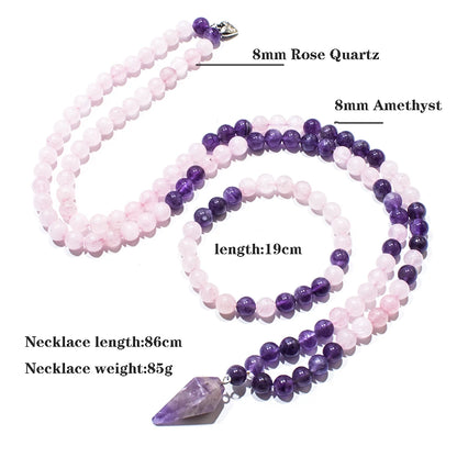 8mm Amethyst Rose Quartz Beads 108 Mala Necklace Meditation Yoga Prayer Jewelry Japamala Set with Pendant for Women
